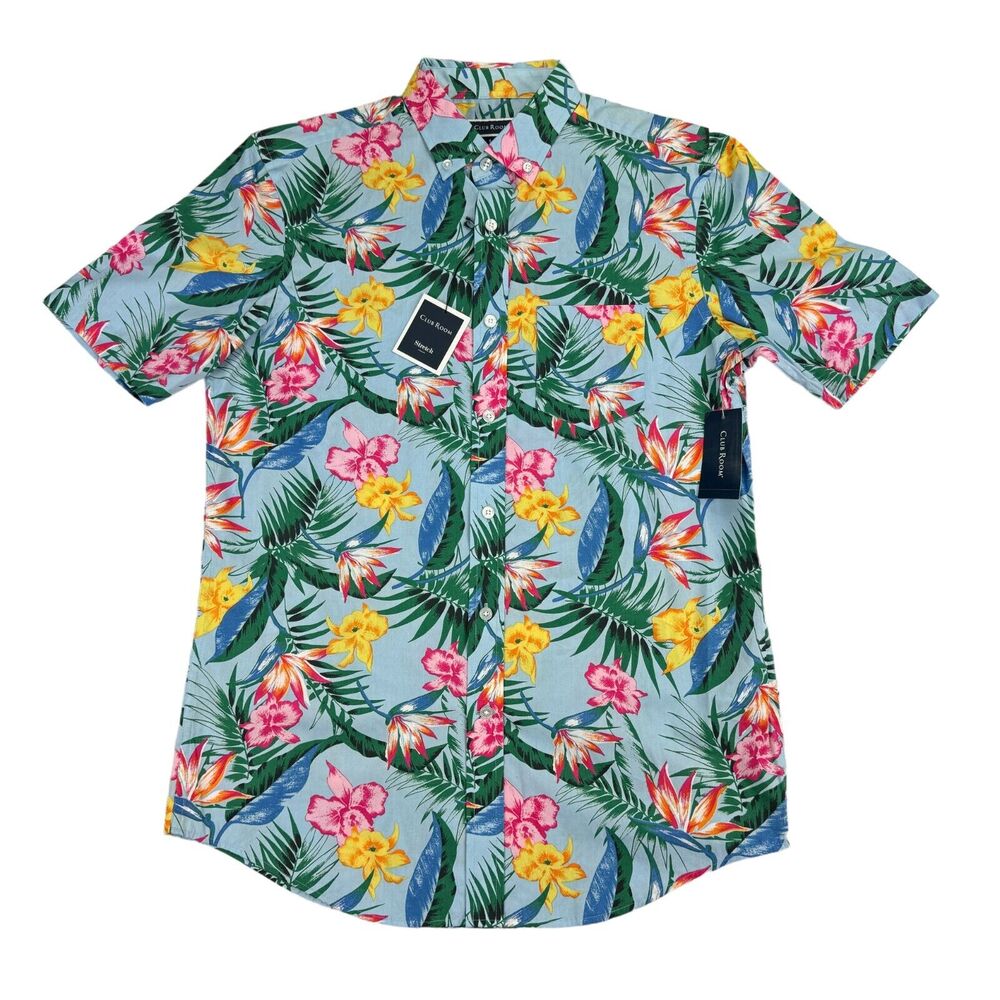 Club Room Mens Classic Fit Tropical Print Cotton Button Down Shirt Blue S